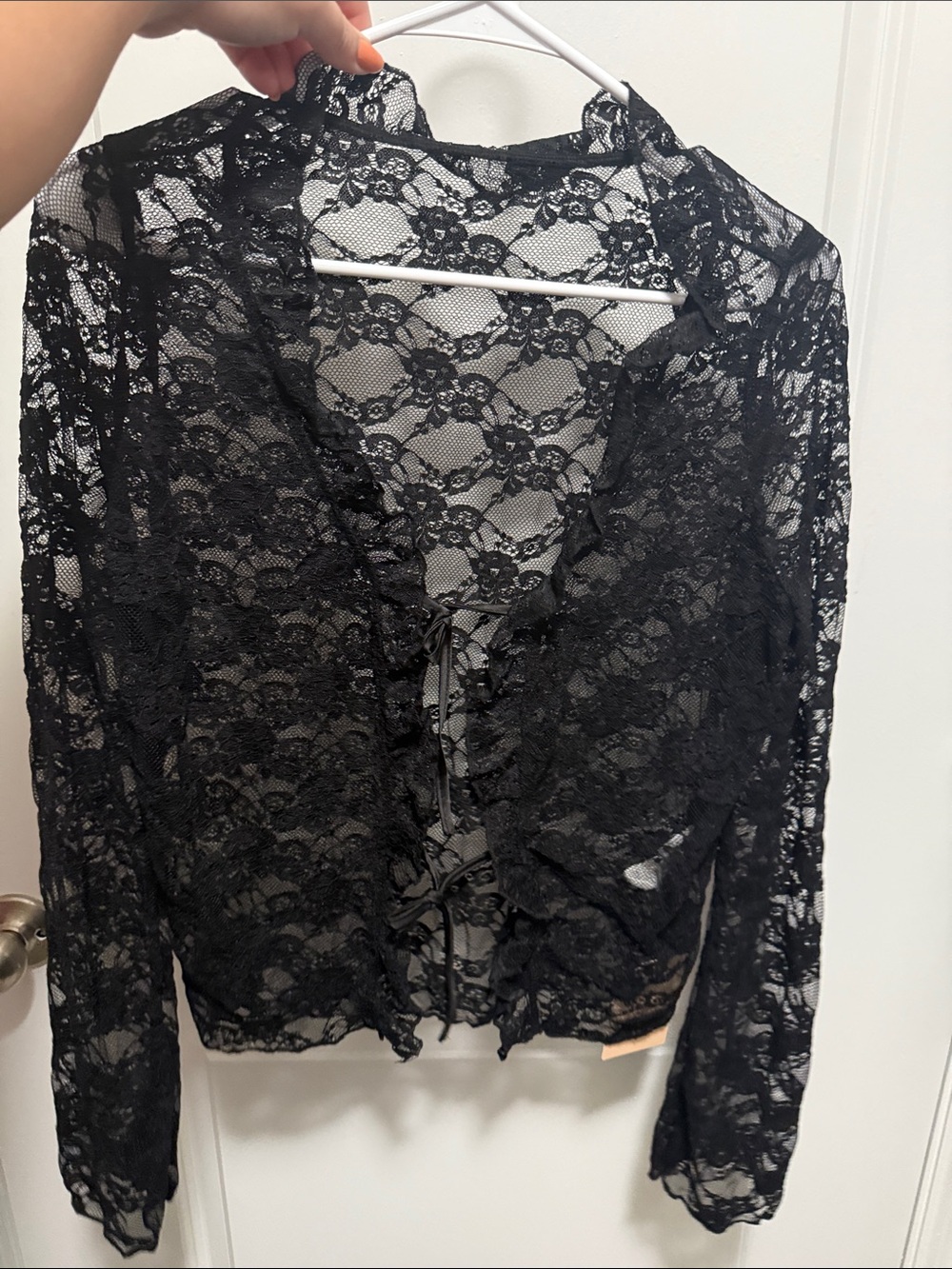 Black Lace Tie-Front Women's Top